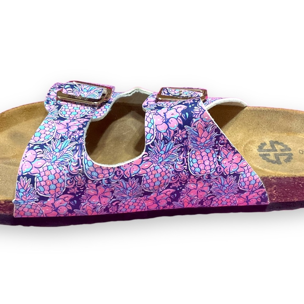 Simply Southern Floral Buckle Slip on Flip Flop Sandals Size 9 Pink/Blue - Picture 6 of 14